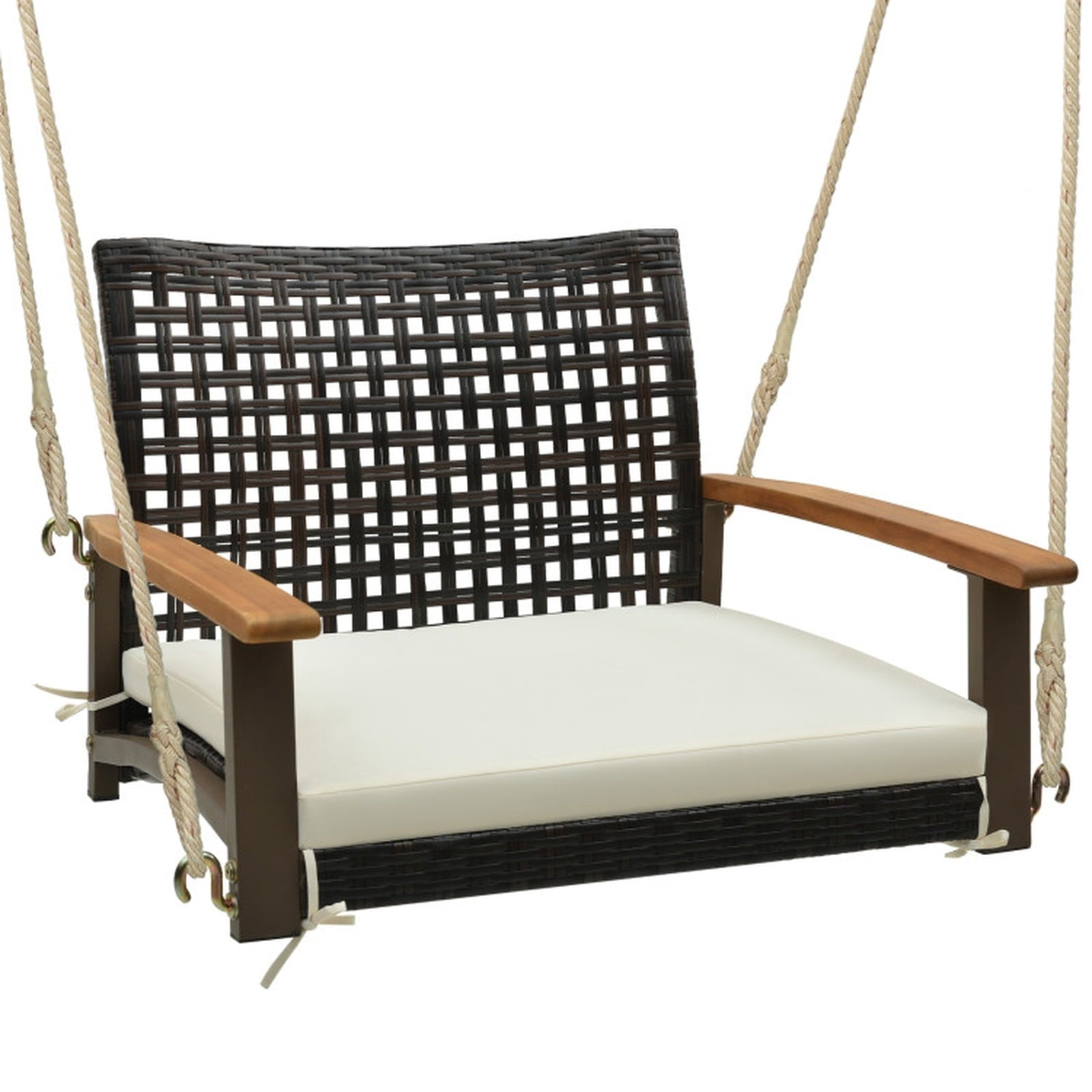 Biotree Single Rattan Porch Swing with Armrests Cushion and Hanging Ropes for Patio Porch Garden Backyard Outdoor, White
