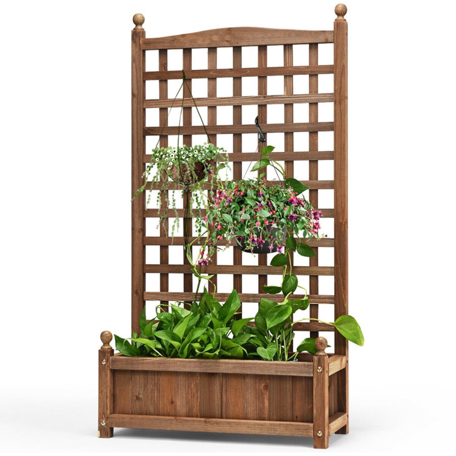 Biotree Solid Free Standing Wood Planter Box with Trellis for Garden Dark brown - Outdoor Backyard Patio Garden Planting