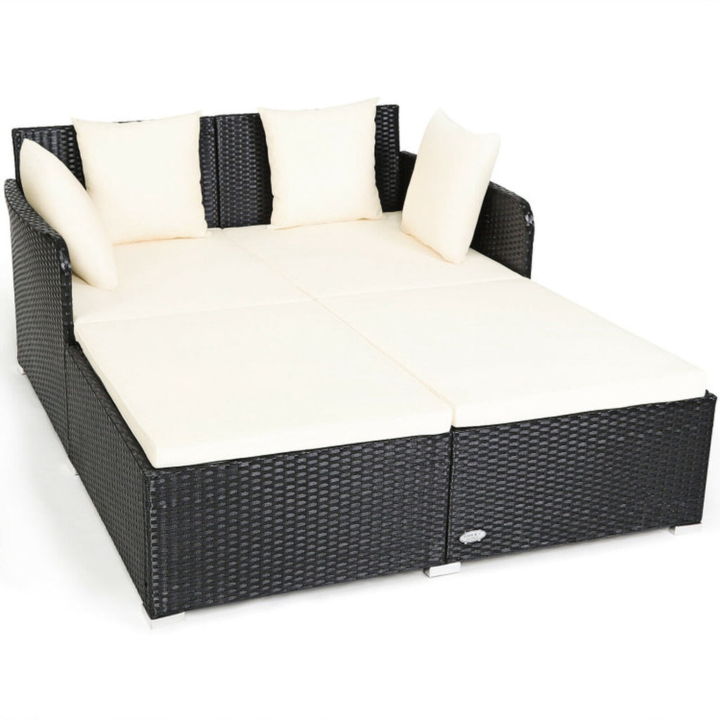 Biotree Spacious Outdoor Rattan Daybed with Upholstered Cushions and Pillows Outdoor Conversation Set for Garden Backyard PorchWhite