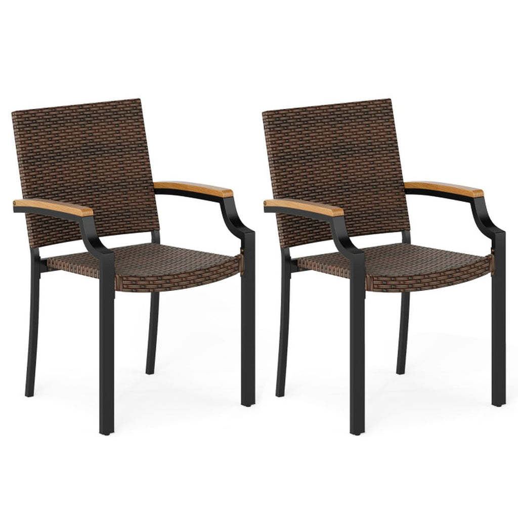 Biotree Stacking Wicker Chairs Set of 2 Patio Rattan Dining Chairs with Acacia Wood ArmrestsMix Brown