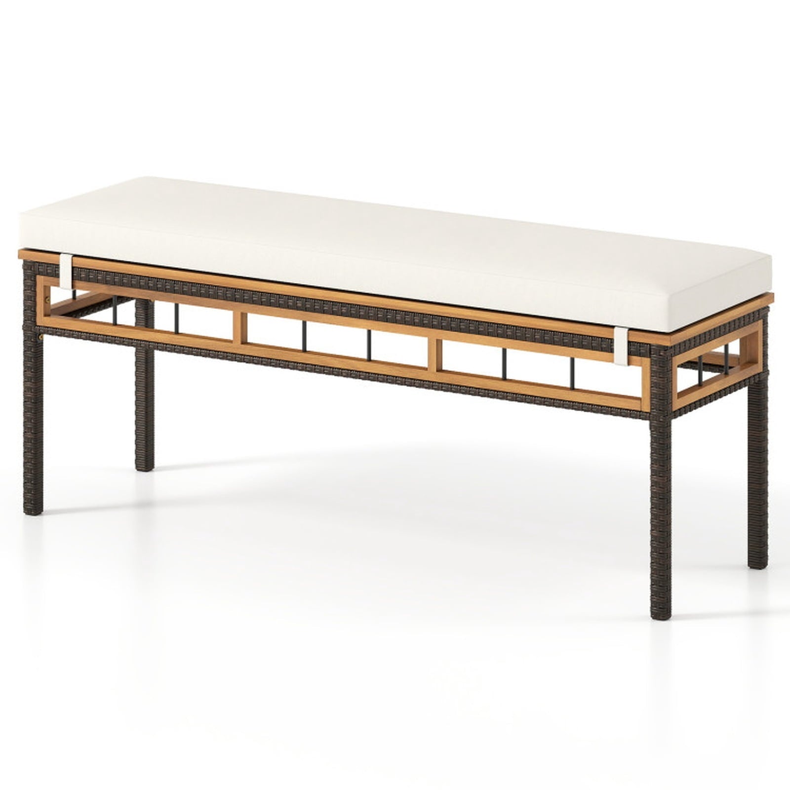 Biotree Wicker Patio Bench for 2 People 48invh Long Backless Dining Bench with Acacia Wood SeatWhite