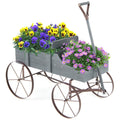 Biotree Wooden Wagon Plant Bed with Metal Wheels for Garden Yard Patio-Gray,Green
