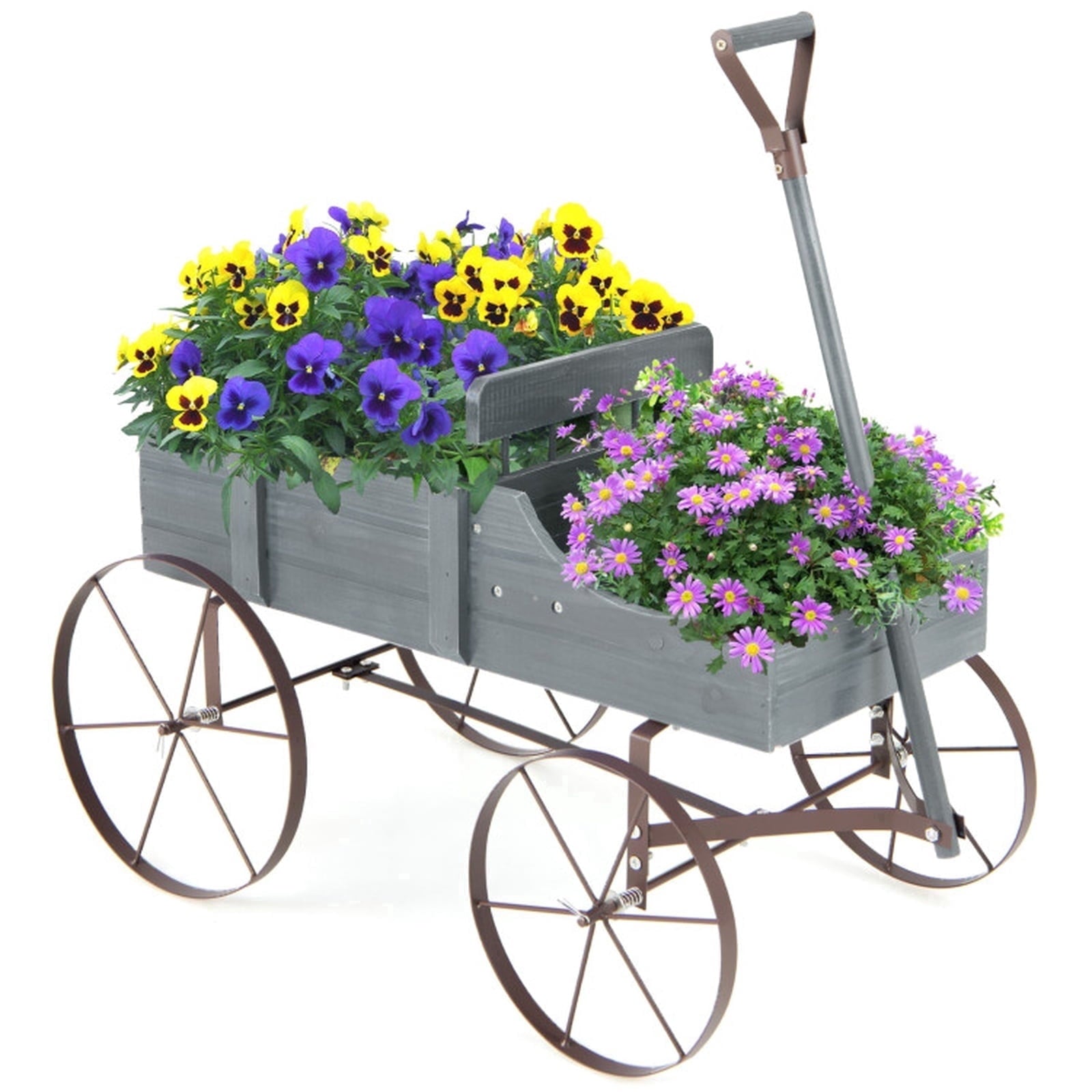 Biotree Wooden Wagon Plant Bed with Metal Wheels for Garden Yard Patio-Gray,Green