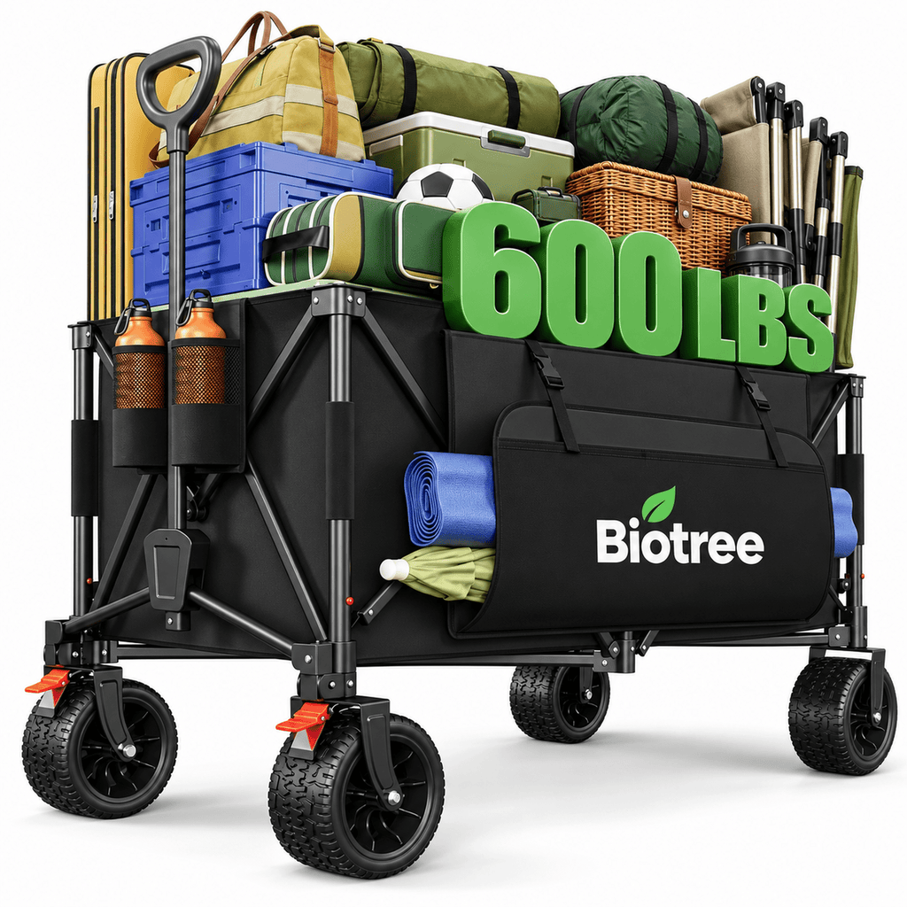 Biotree Collapsible Wagon Cart with Brakes, 600 lbs Heavy-Duty Folding Beach Wagon, 300L Large Capacity Garden Cart with All-Terrain Utility Cart for Camping Sports Shopping, Black