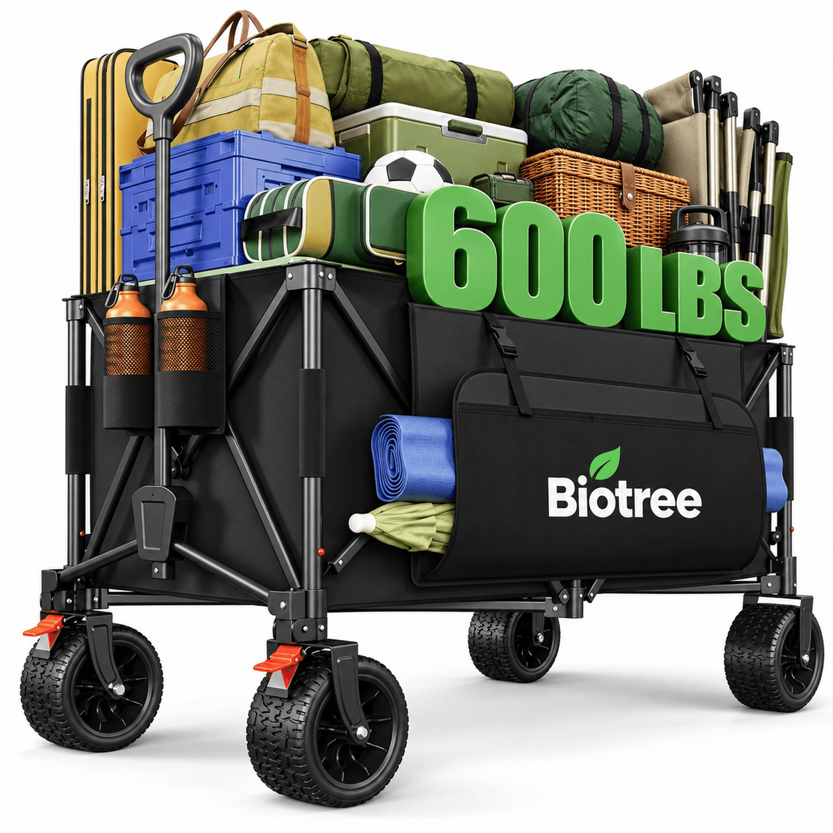 Biotree Collapsible Wagon Cart with Brakes, 600 lbs Heavy-Duty Folding Beach Wagon, 300L Large Capacity Garden Cart with All-Terrain Utility Cart for Camping Sports Shopping, Black