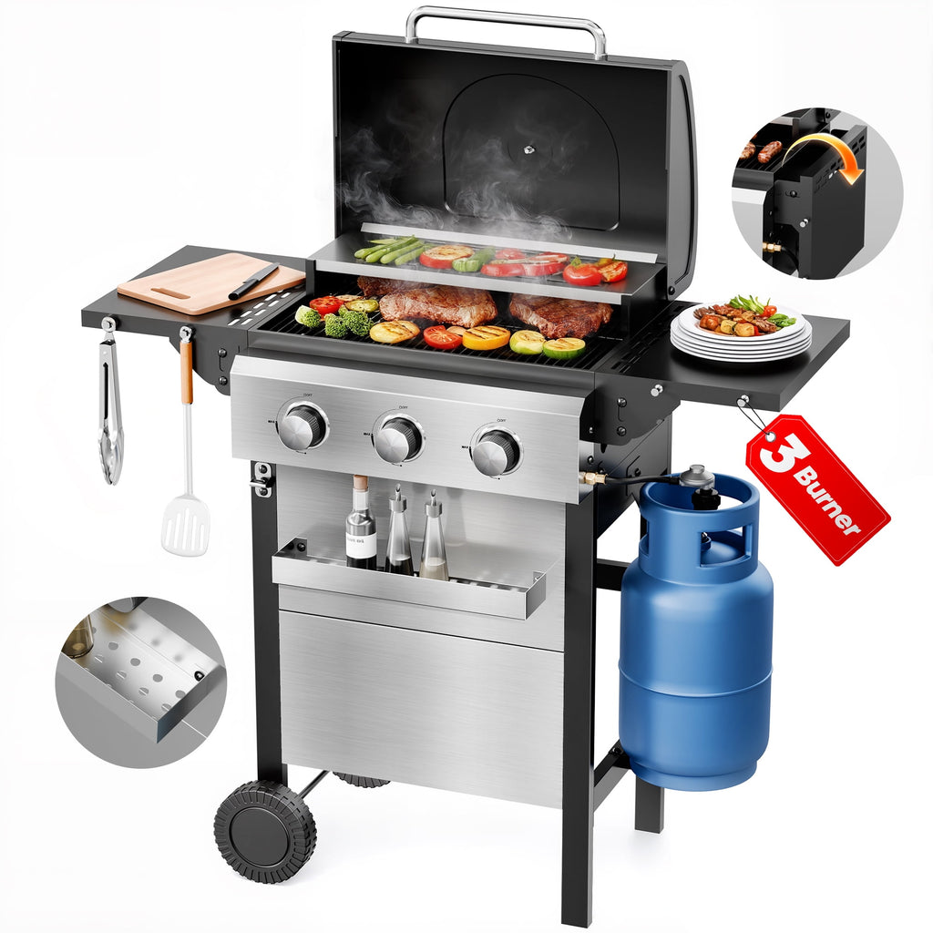 Biotree 3 Burner BBQ Propane Gas Grill, Stainless Steel 26,000 BTU Patio Garden Barbecue Grill with Two Foldable Shelves