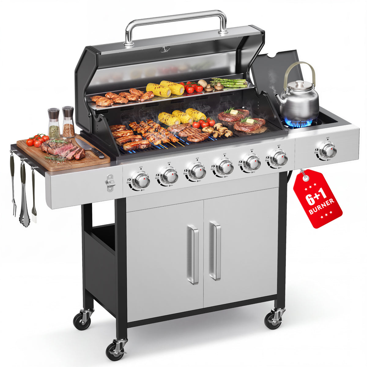 Biotree 6 Burner Propane Gas Grill with Side Burner & Griddle, 73000 BTU Stainless Steel BBQ Grill Combo with two Porcelain-Enameled Cast Iron Grates for Backyard Patio Outdoor Cooking
