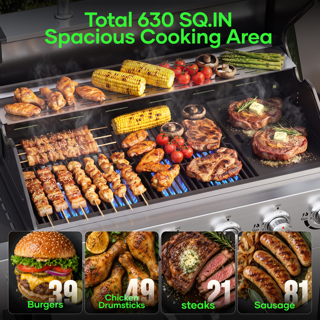 Biotree 6 Burner Propane Gas Grill with Side Burner & Griddle, 73000 BTU Stainless Steel BBQ Grill Combo with two Porcelain-Enameled Cast Iron Grates for Backyard Patio Outdoor Cooking