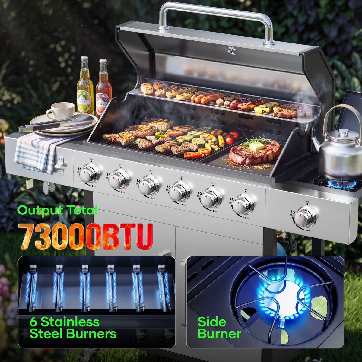Biotree 6 Burner Propane Gas Grill with Side Burner & Griddle, 73000 BTU Stainless Steel BBQ Grill Combo with two Porcelain-Enameled Cast Iron Grates for Backyard Patio Outdoor Cooking