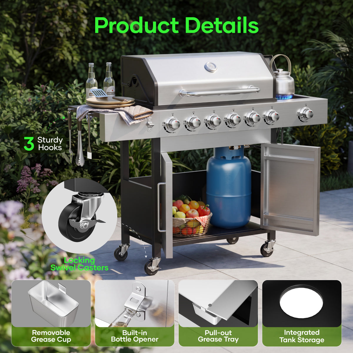 Biotree 6 Burner Propane Gas Grill with Side Burner & Griddle, 73000 BTU Stainless Steel BBQ Grill Combo with two Porcelain-Enameled Cast Iron Grates for Backyard Patio Outdoor Cooking