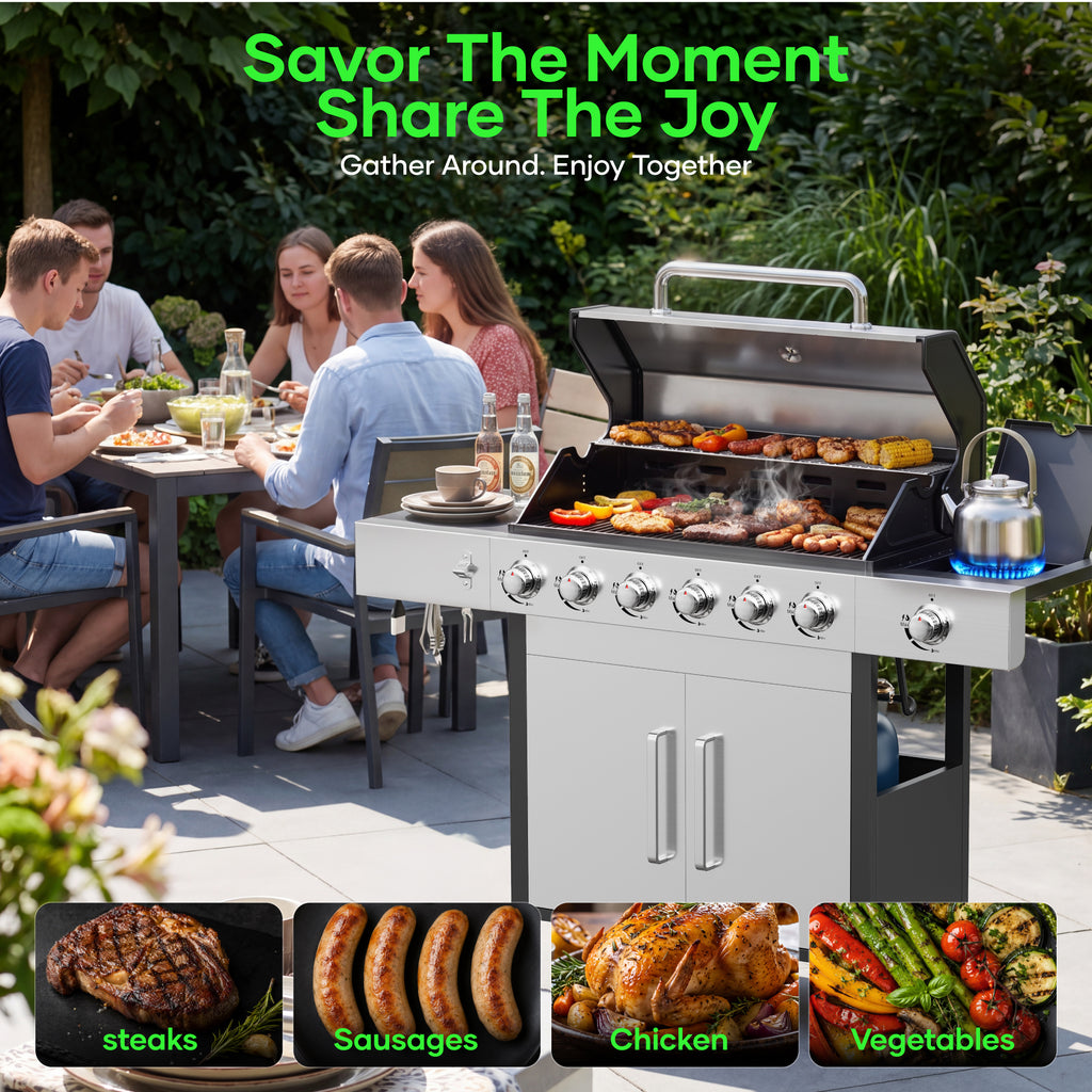 Biotree 6 Burner Propane Gas Grill with Side Burner & Griddle, 73000 BTU Stainless Steel BBQ Grill Combo with two Porcelain-Enameled Cast Iron Grates for Backyard Patio Outdoor Cooking