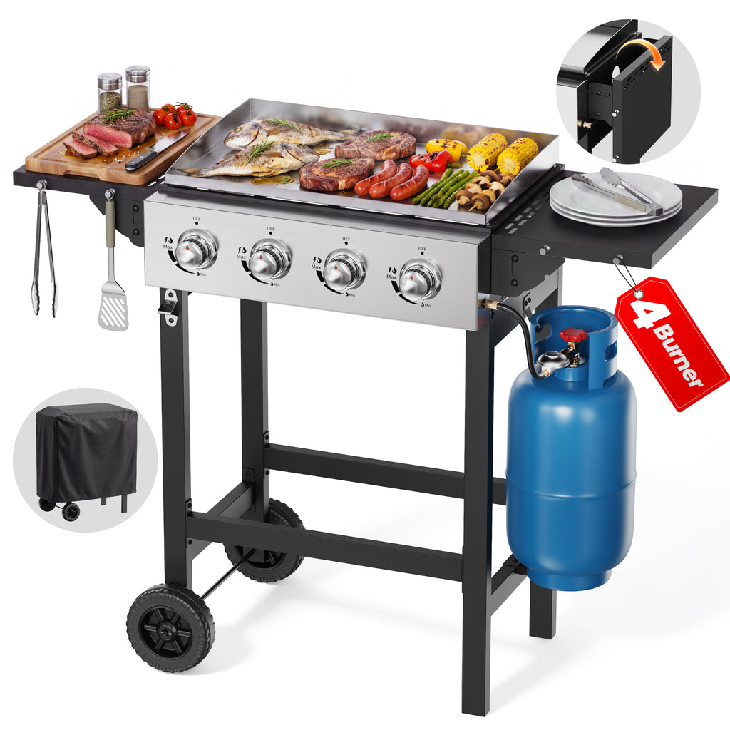 Biotree 4-Burner Propane Gas Griddle with Stainless Steel Pan,42,000 BTU Flat Top BBQ Grill with Two Foldable Shelves and Griddle Cover for Outdoor Camping Patio