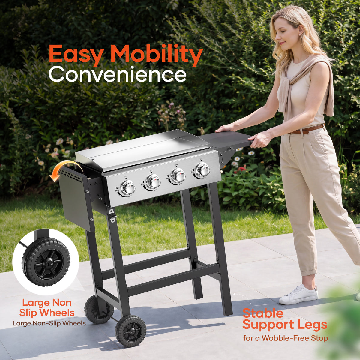 Biotree 4-Burner Propane Gas Griddle with Stainless Steel Pan,42,000 BTU Flat Top BBQ Grill with Two Foldable Shelves and Griddle Cover for Outdoor Camping Patio
