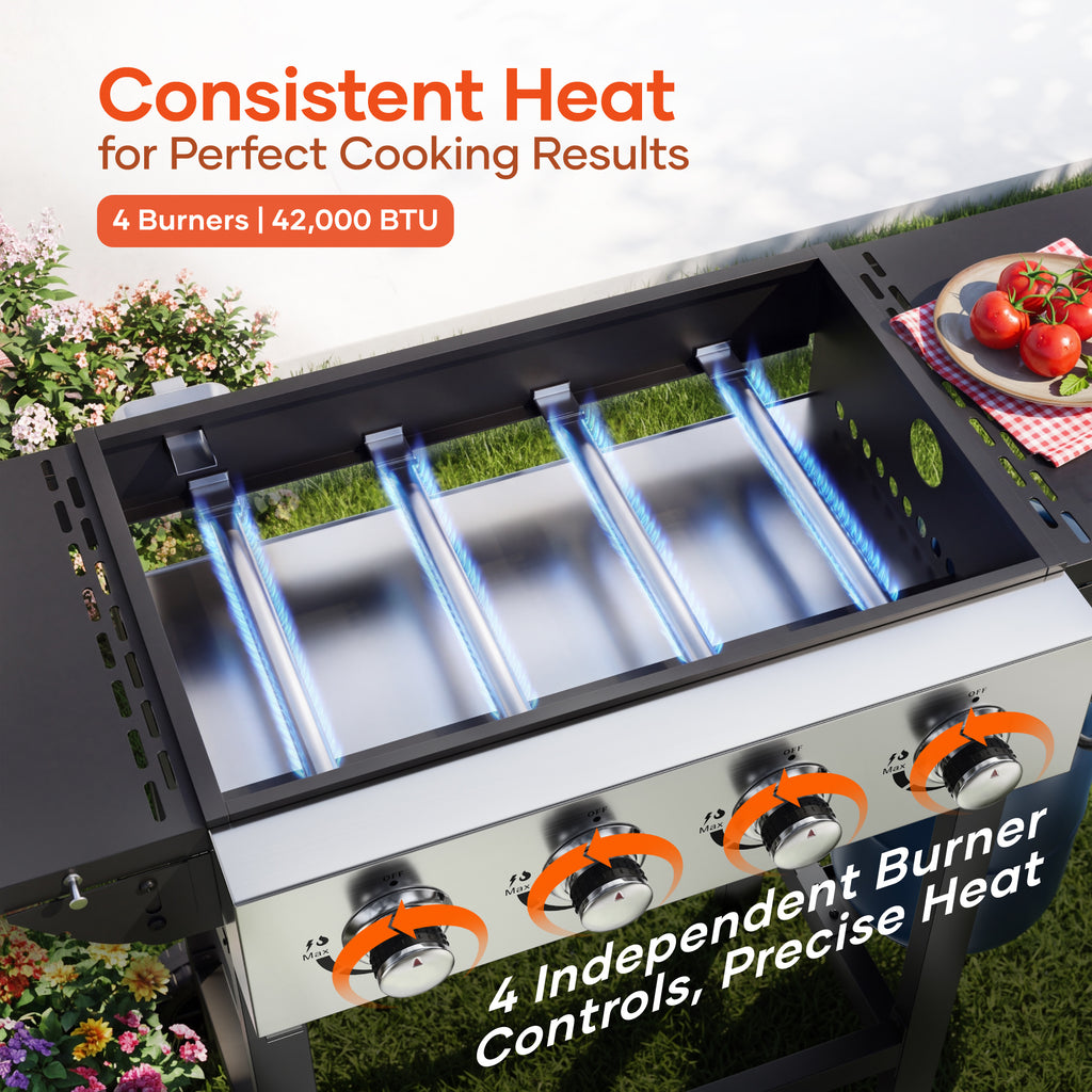 Biotree 4-Burner Propane Gas Griddle with Stainless Steel Pan,42,000 BTU Flat Top BBQ Grill with Two Foldable Shelves and Griddle Cover for Outdoor Camping Patio