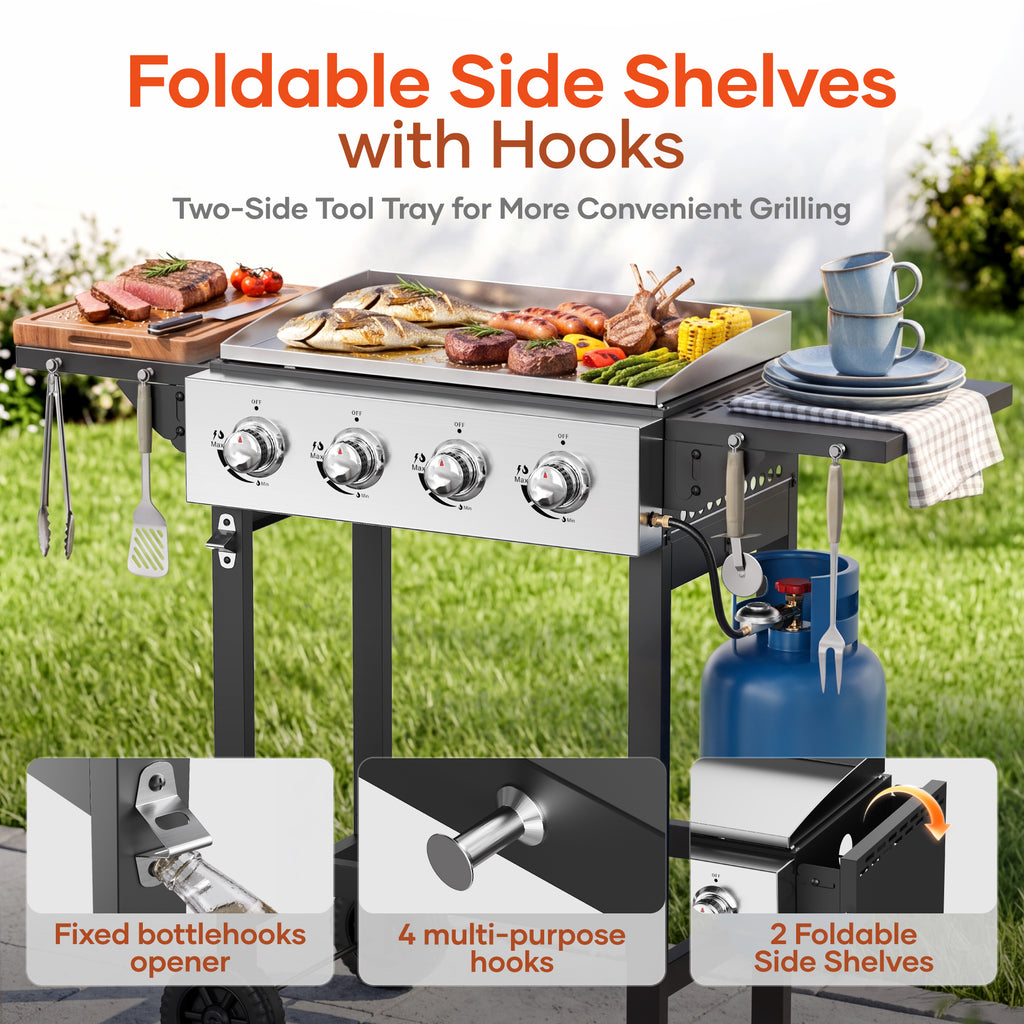 Biotree 4-Burner Propane Gas Griddle with Stainless Steel Pan,42,000 BTU Flat Top BBQ Grill with Two Foldable Shelves and Griddle Cover for Outdoor Camping Patio