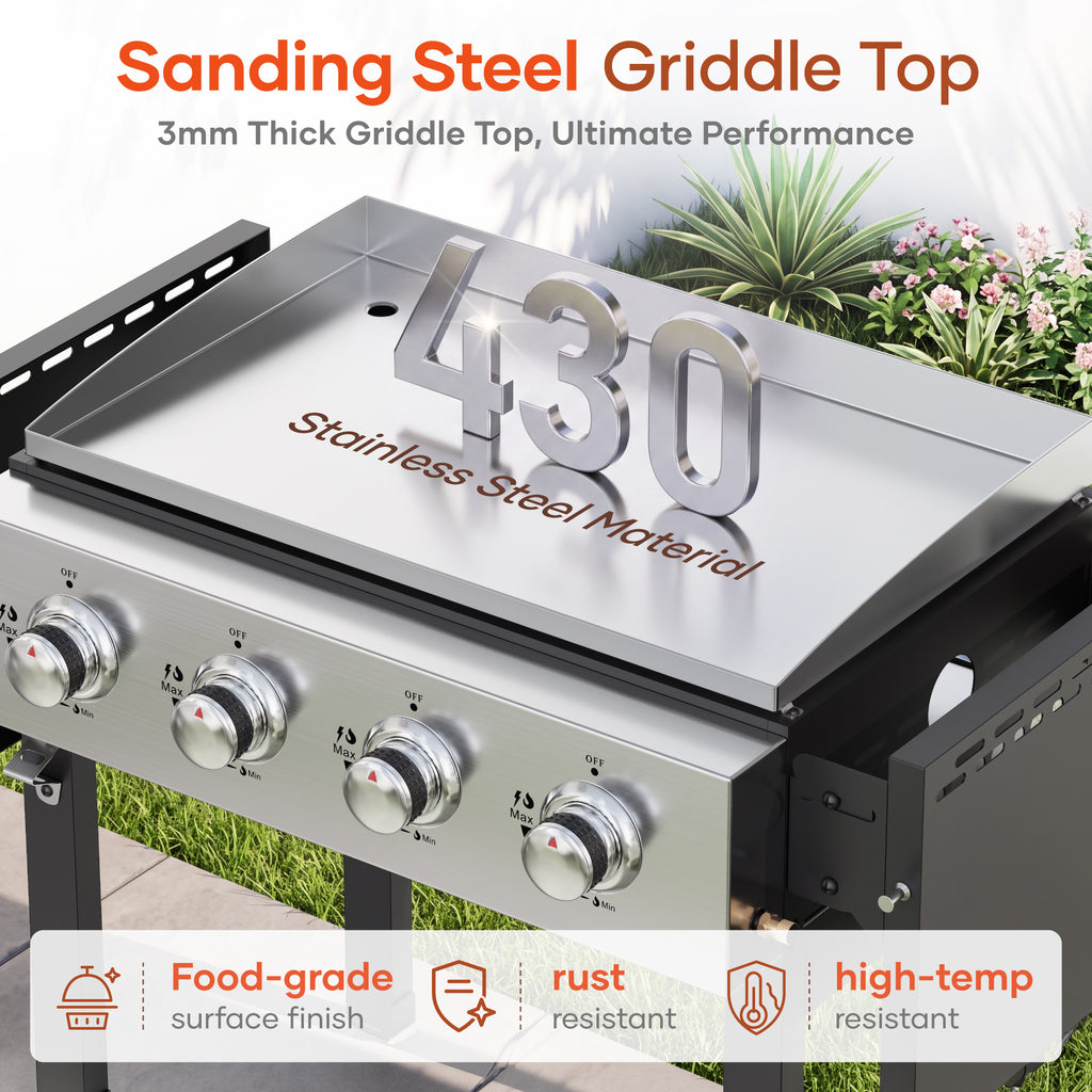 Biotree 4-Burner Propane Gas Griddle with Stainless Steel Pan,42,000 BTU Flat Top BBQ Grill with Two Foldable Shelves and Griddle Cover for Outdoor Camping Patio