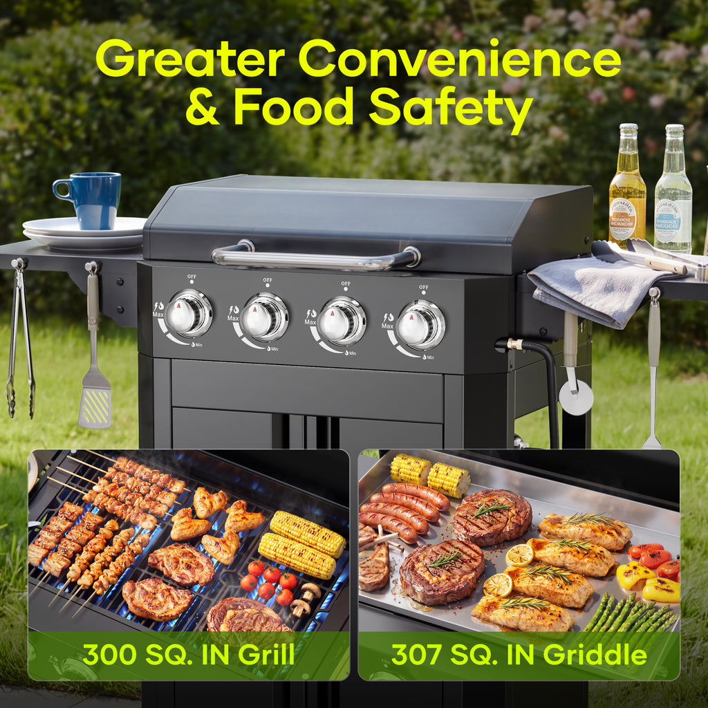Biotree 4 Burner Propane Gas Grill and Griddle with Folding Side Tables,2 in 1 Griddle Grill Combo ,40000BTU Stainless Steel Propane Grill for Outdoor Patio Cooking