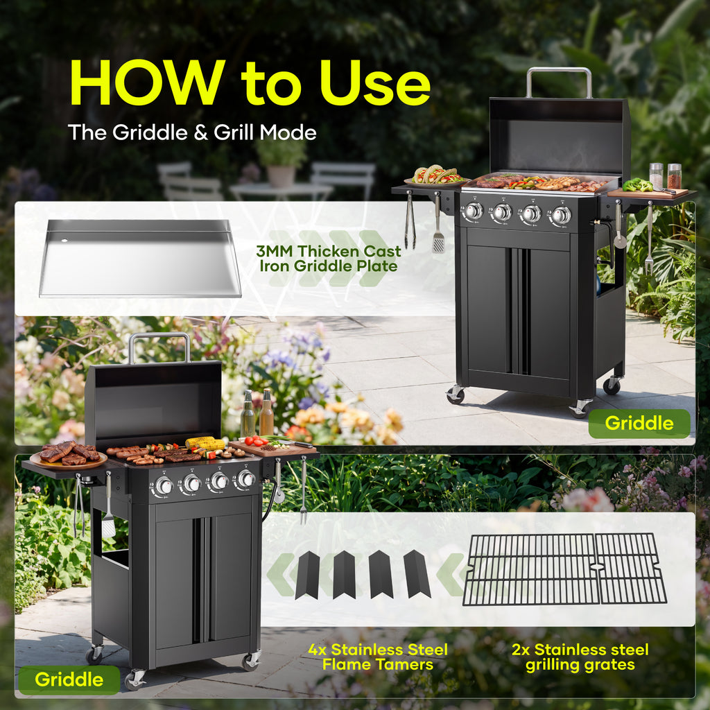 Biotree 4 Burner Propane Gas Grill and Griddle with Folding Side Tables,2 in 1 Griddle Grill Combo ,40000BTU Stainless Steel Propane Grill for Outdoor Patio Cooking