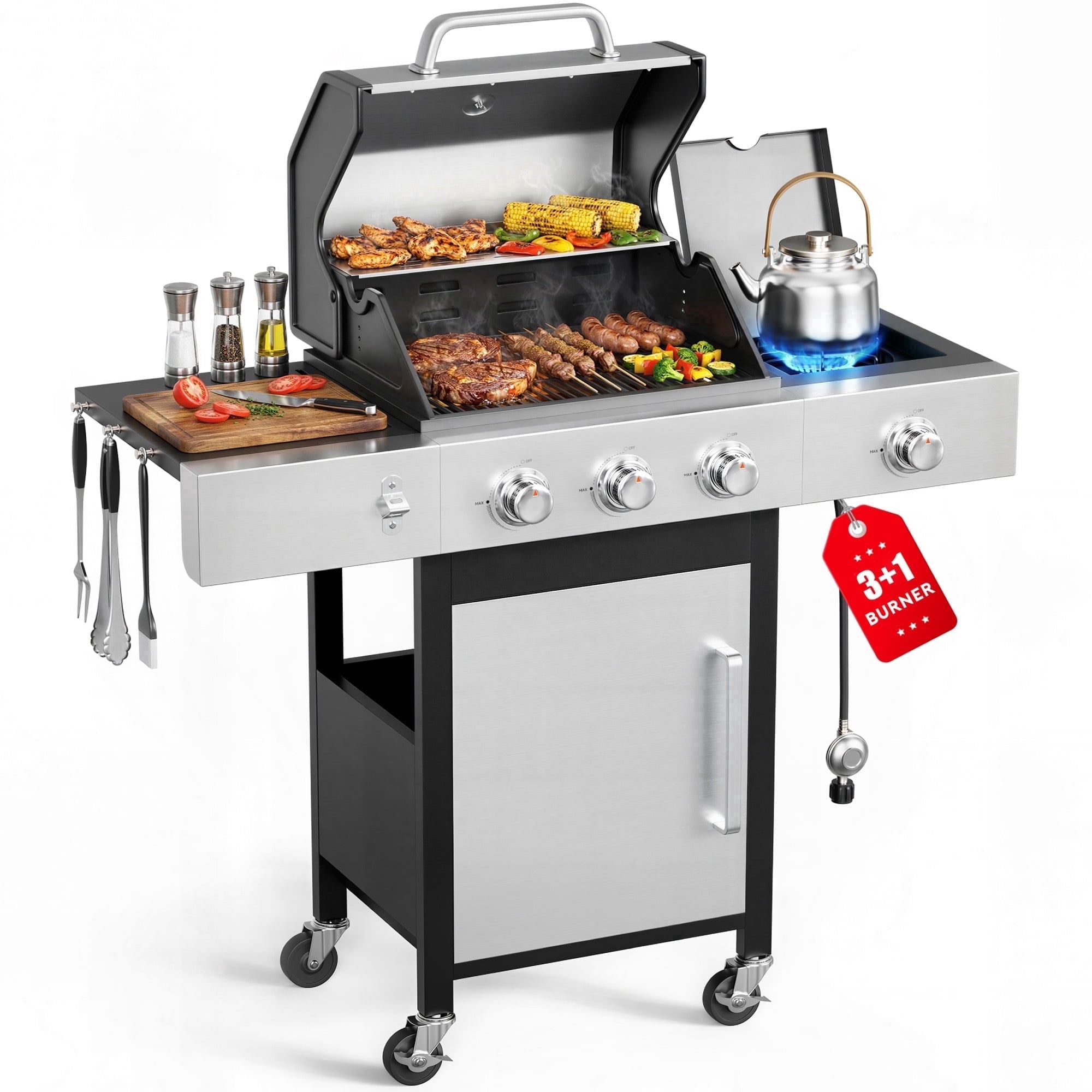 Biotree 3 Burner Gas Grill with Side Burner,40800 BTU Barbecue Grill Propane Stainless Steel BBQ Grill with Porcelain-Enameled Cast Iron Grates for Outdoor Cooking