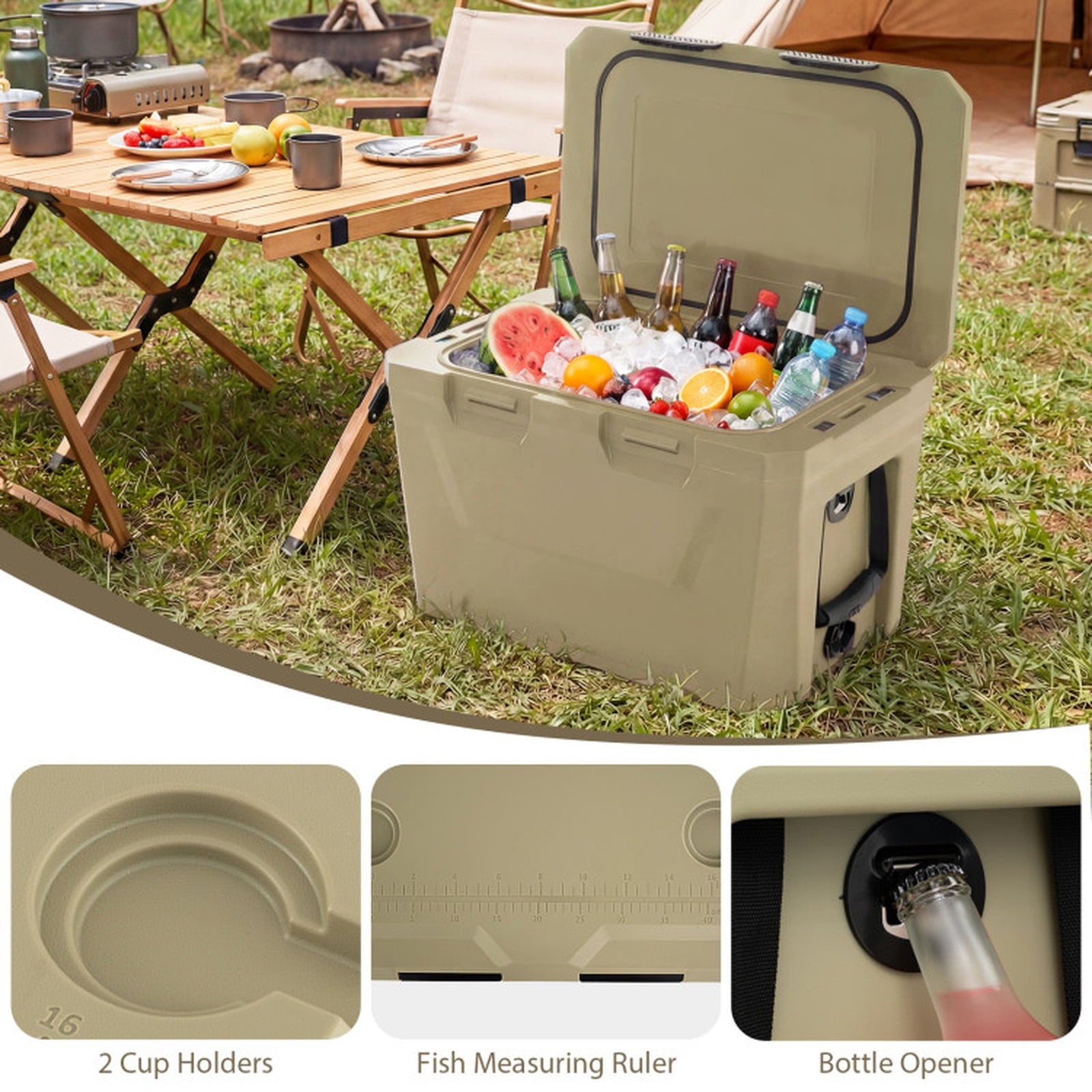 Biotree Insulated Portable Cooler Hard Shell Ice Chest with 2 Cup Holders Bottle Opener and Drain Plug, 37 Qt, Off-White