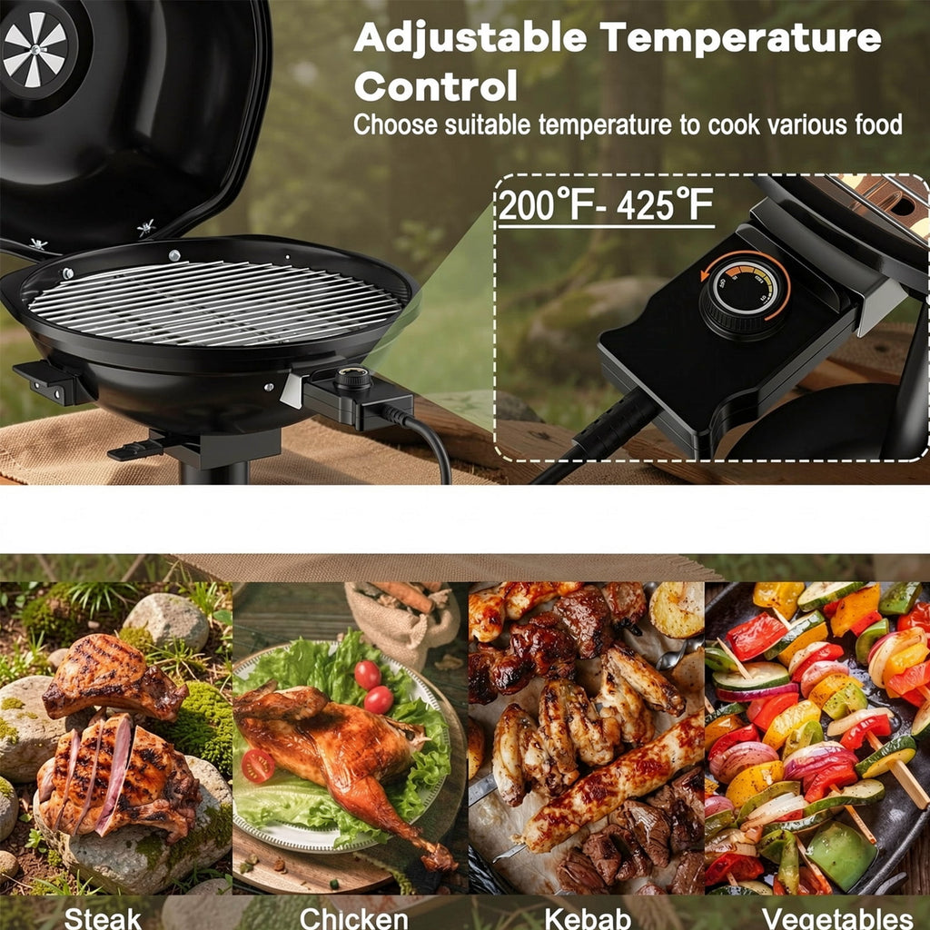 Biotree 1600W Portable Electric BBQ Grill with Removable Non-Stick Rack-Black Outdoor Cooking Patio Summer