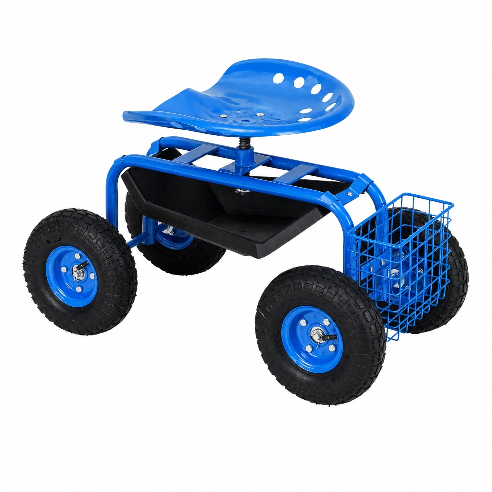 Biotree Rolling Garden Cart with Seat, 360¡ãSwivel Seat Adjustable Height,330lbs Load Capacity, Wagon Scooter with Storage Bracket and Tool Tray, Suitable for Patio Yard, Blue