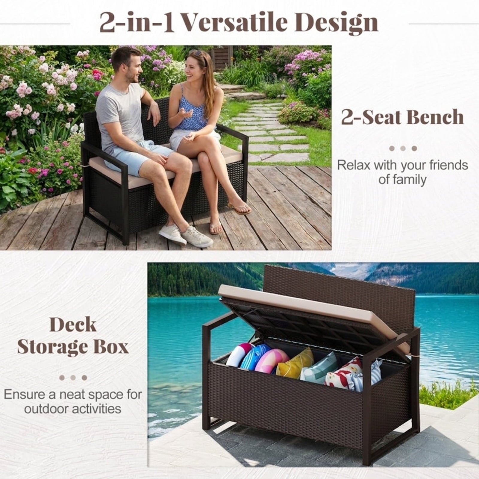 Biotree Patio Storage Bench Outdoor Wicker Loveseat with Built-in 40-Gallon Weatherproof Storage and Cushion , Brown