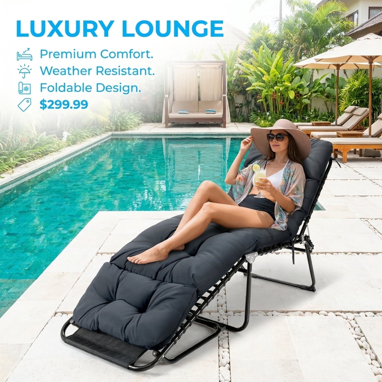 Biotree Outdoor Lounge Chaise Cushion with String Ties for Garden Poolside Comfortable Patio Chair Cushion PadGray