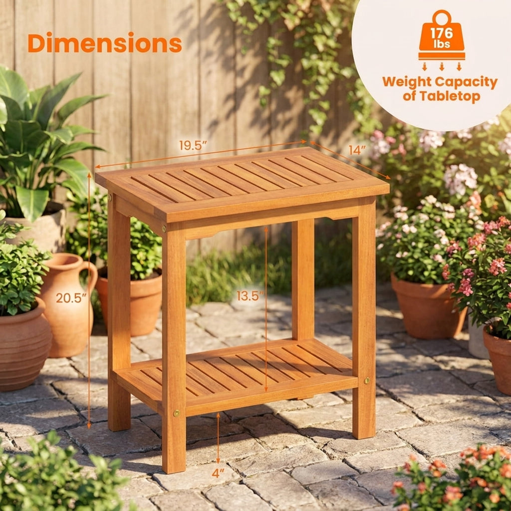 Biotree 2-Tier Outdoor Acacia Wood Side Table with Slatted Tabletop and Storage Shelf, Natural
