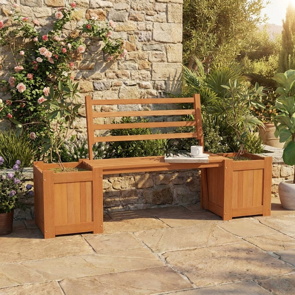 Biotree Wood Planter Box with Bench and Backrest for Garden Yard Balcony, 68x18.5x36 Inch Outdoor Hardwood Combination Plant Container and Patio Seating, Natural