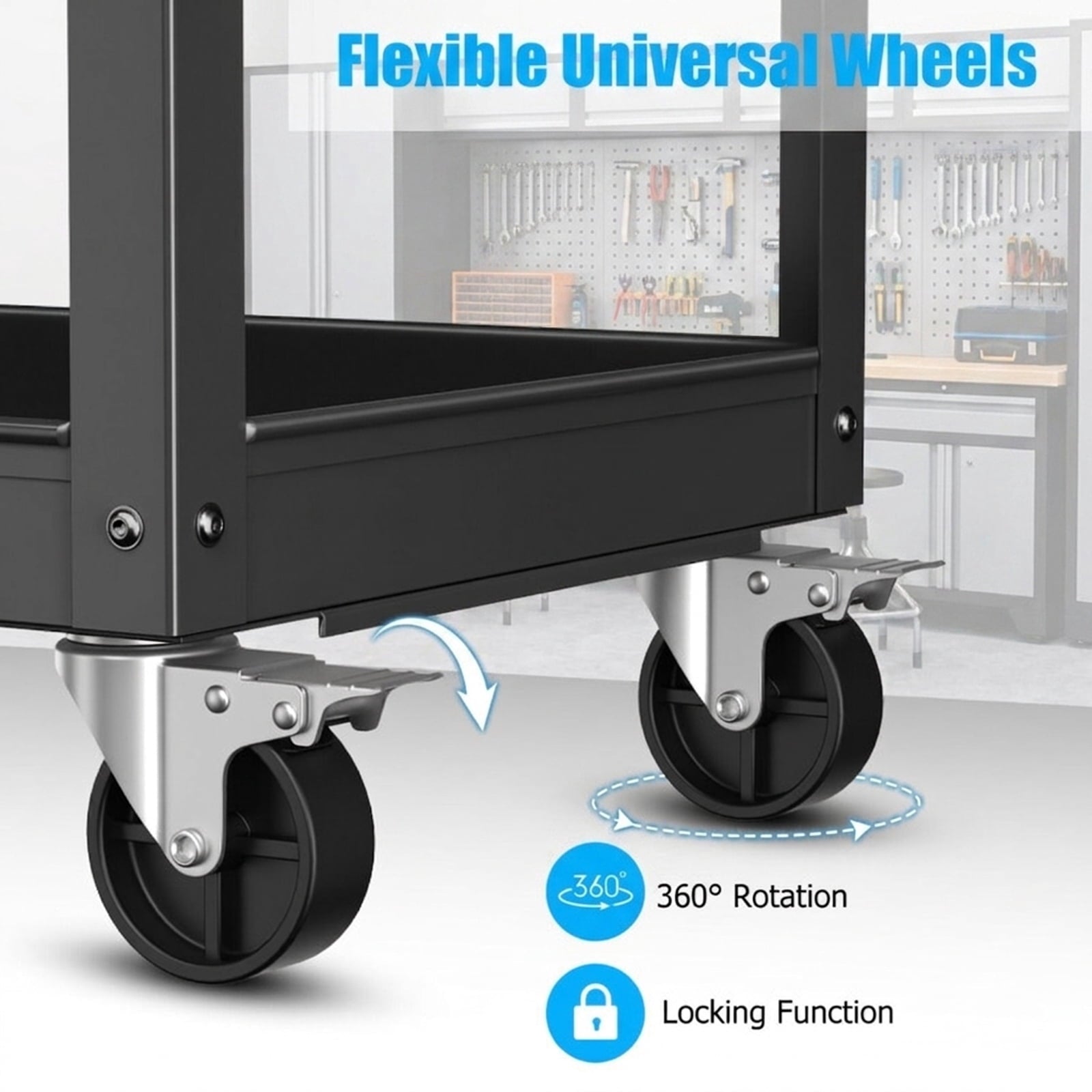 Biotree 3-Tier Metal Utility Cart Tool Trolley Flat Handle 2 Lockable Wheels 400 lbs - Black