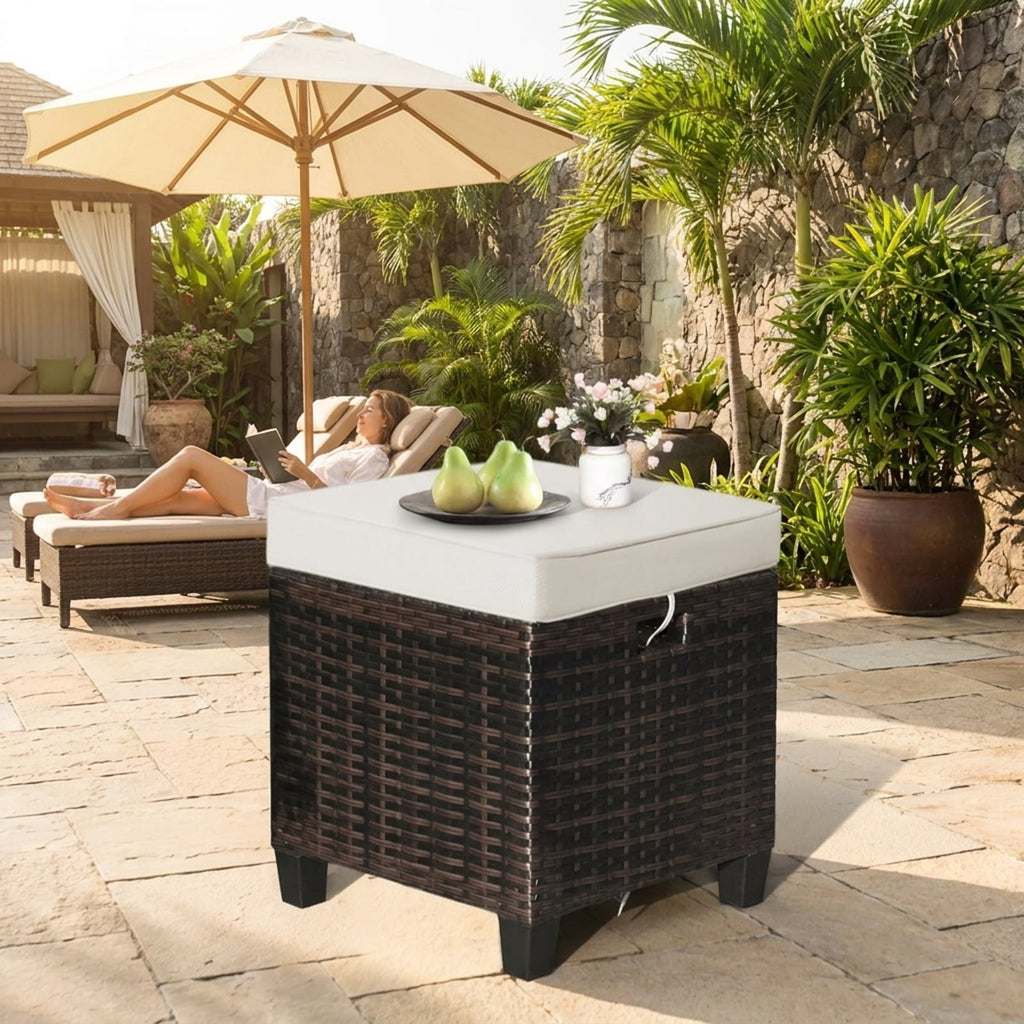 Biotree 2 Pieces Patio Rattan Ottoman Set with Removable Cushions Stackable Patio Chair for Garden BackyardBeige