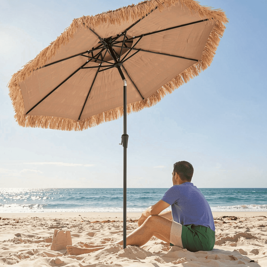 Biotree 9 Feet Thatched Tiki Umbrella with 8 Ribs Natural - Outdoor Patio Garden Sun Shade with UV Protection for Deck Lawn and Garden