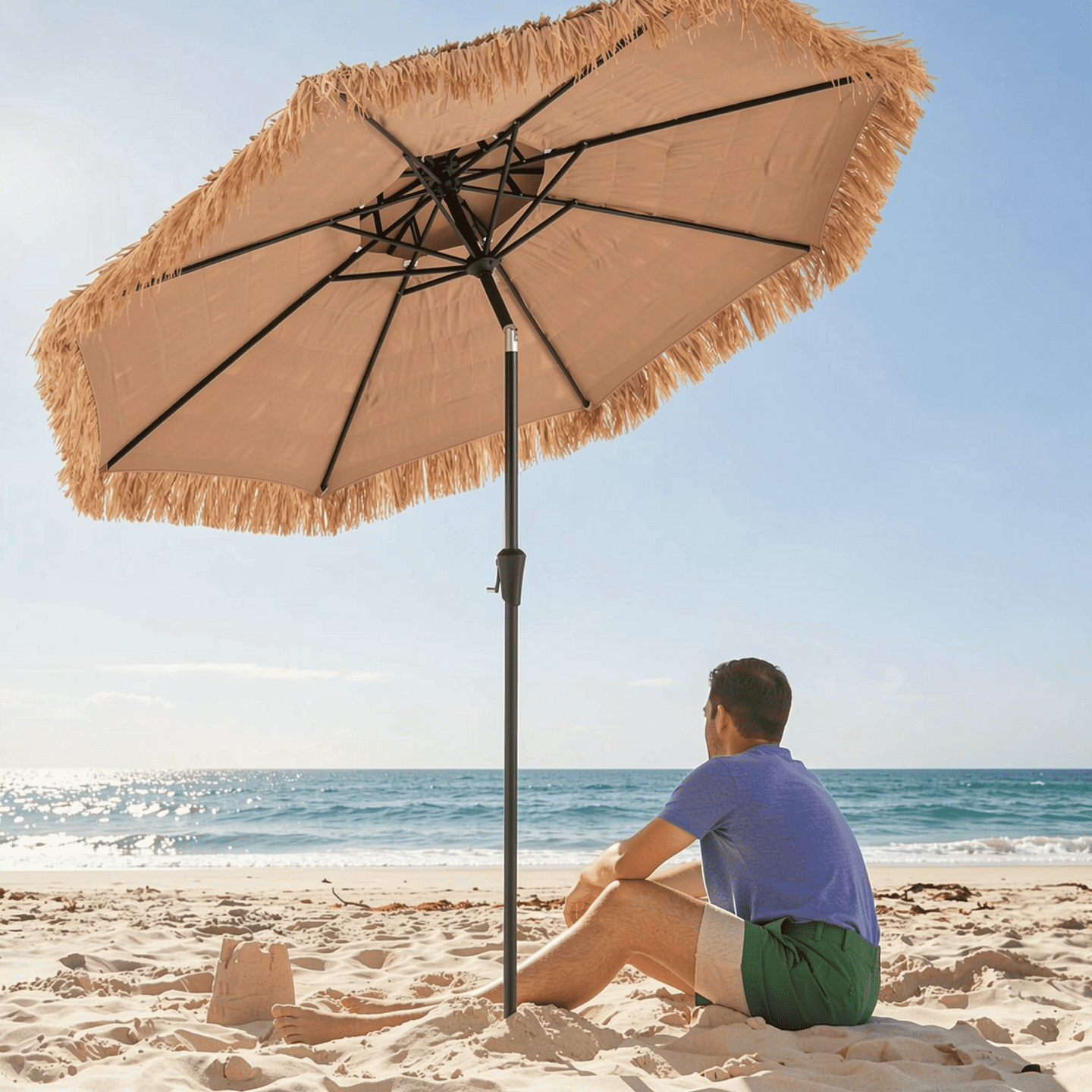Biotree 9 Feet Thatched Tiki Umbrella with 8 Ribs Natural - Outdoor Patio Garden Sun Shade with UV Protection for Deck Lawn and Garden