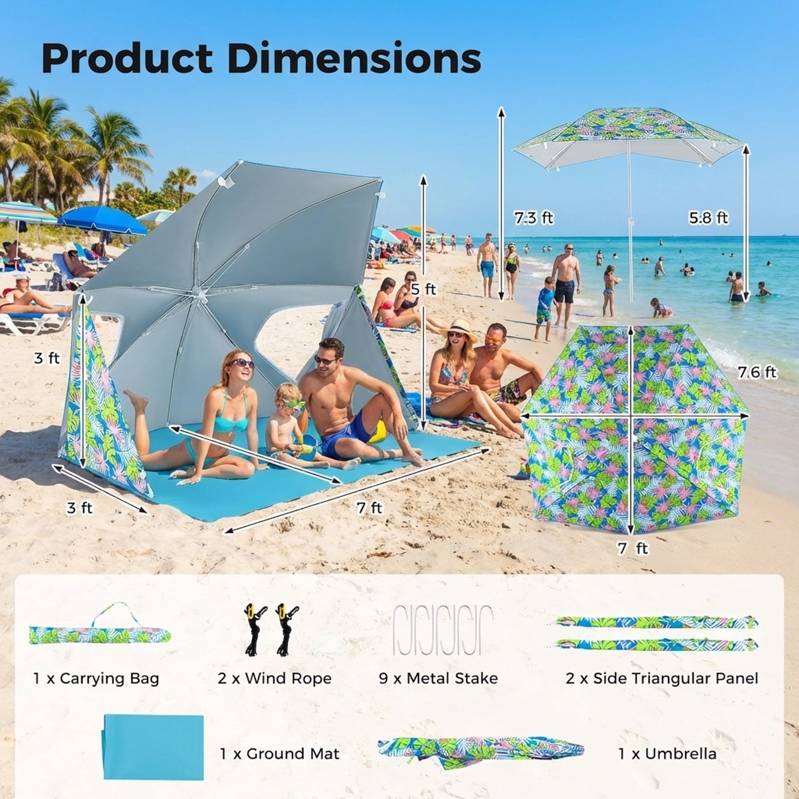 Biotree UPF50 Plus Sun Protection Beach Umbrella Tent with Portable Carrying Bag Pop Up Beach Shade for Outdoor, Blue