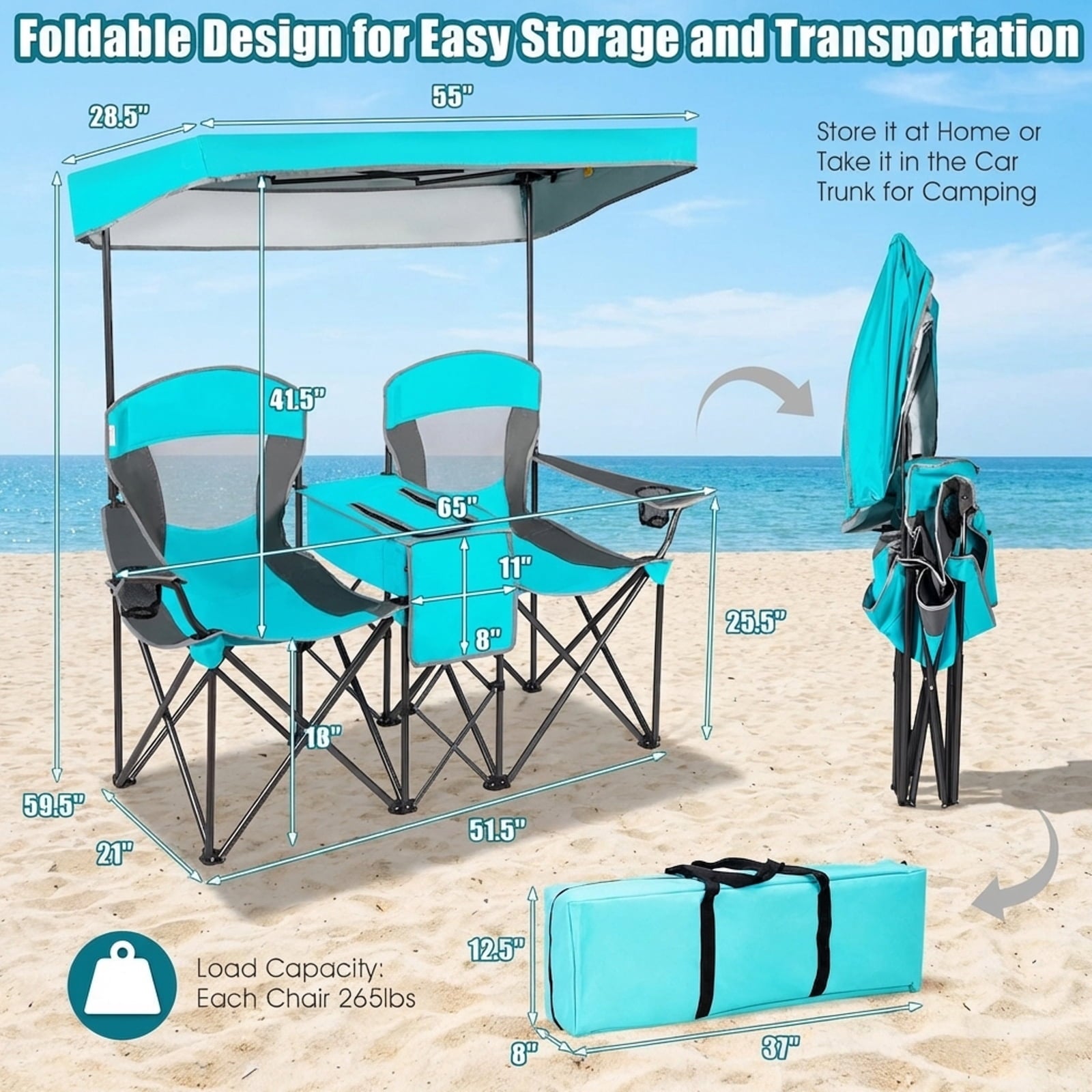Biotree Folding Camping Chair with Sun Shade Canopy and Cup Holder for Beach Tailgating Outdoor Events, Turquoise