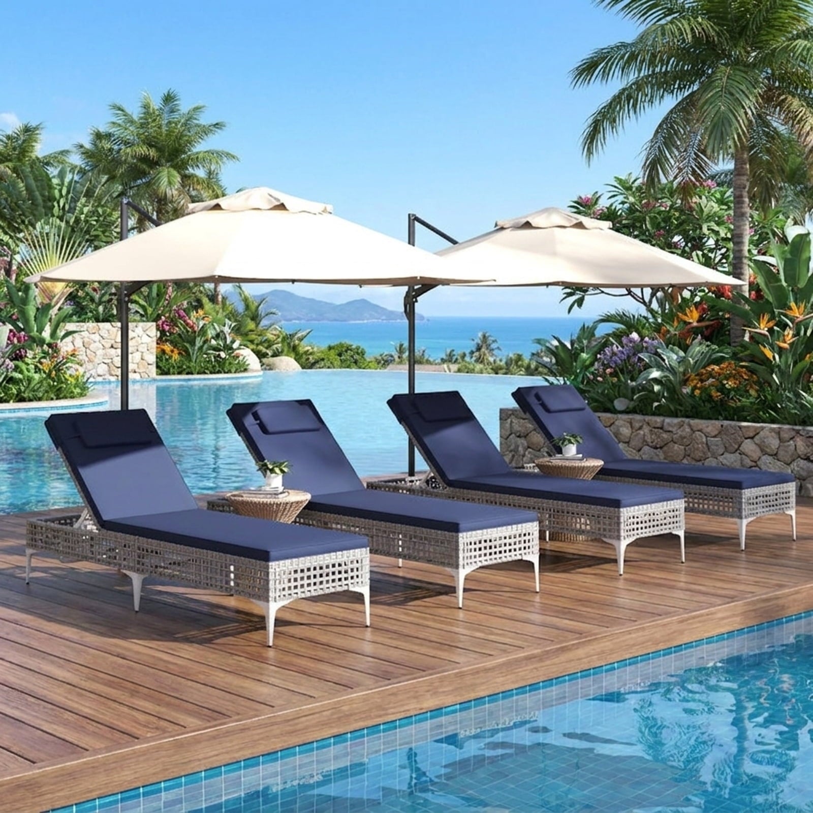 Biotree Patio Chaise Lounge Chair with 6-Level Adjustable Backrest and Headrest for Poolside Stackable Patio Chair for Garden BackyardNavy