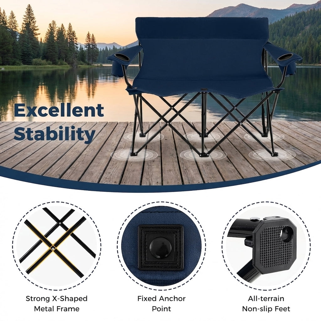 Biotree 2-Person Folding Outdoor Loveseat Camp Chair with Cup Holders Portable Double Camping Chair with Carry Bag, Blue
