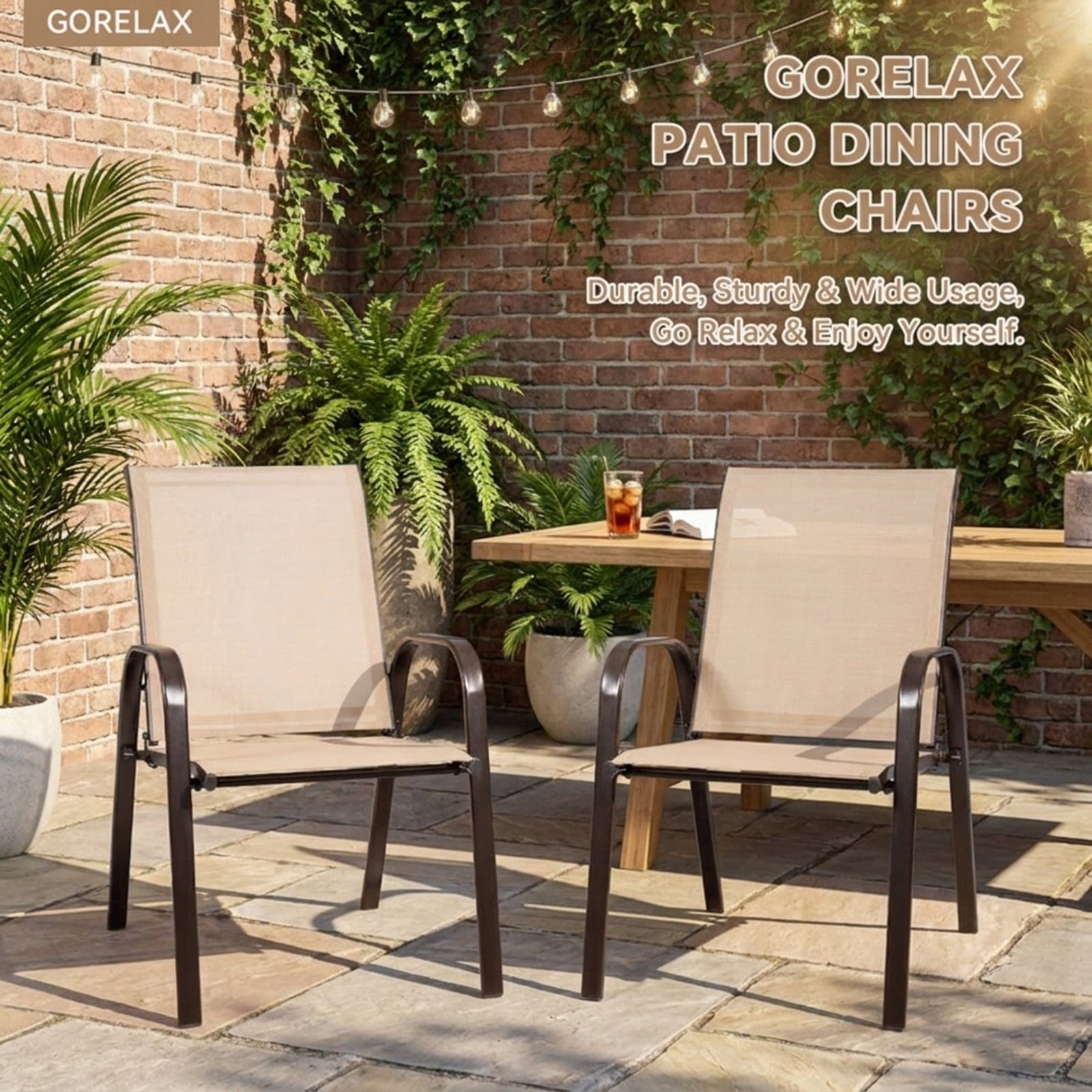 Biotree 2 Pcs Patio Chairs Outdoor Dining Chair with Armrest Stackable Patio Chair for Garden BackyardBeige