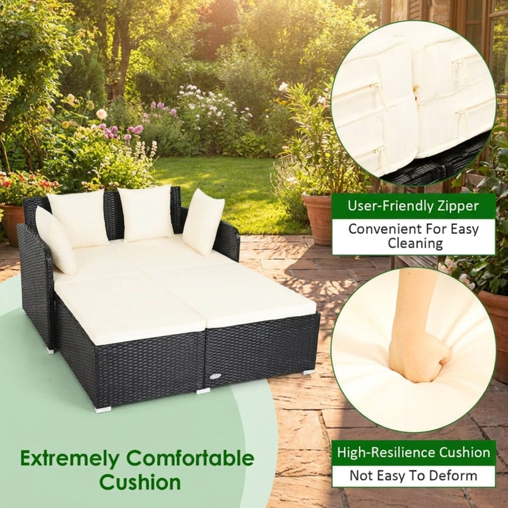 Biotree Spacious Outdoor Rattan Daybed with Upholstered Cushions and Pillows Outdoor Conversation Set for Garden Backyard PorchWhite