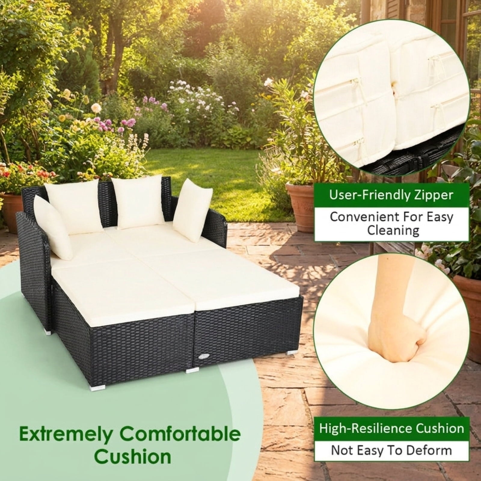 Biotree Spacious Outdoor Rattan Daybed with Upholstered Cushions and Pillows Outdoor Conversation Set for Garden Backyard PorchWhite