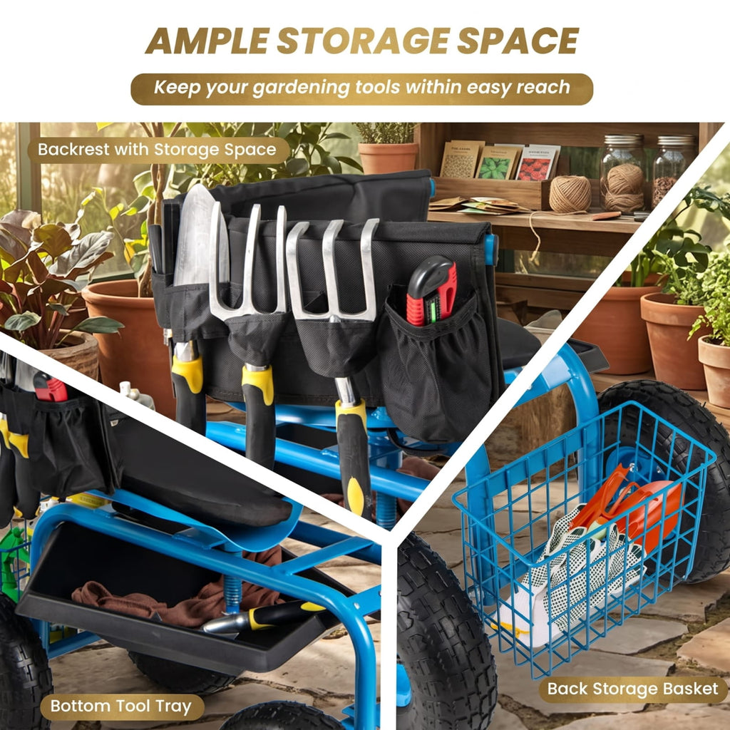 Biotree 330Lbs Rolling Garden Cart with 360¡ã Height Adjustable Swivel Seat, Garden Scooter with Storage Basket, Tool Tray for Weeding Planting Gardening Blue