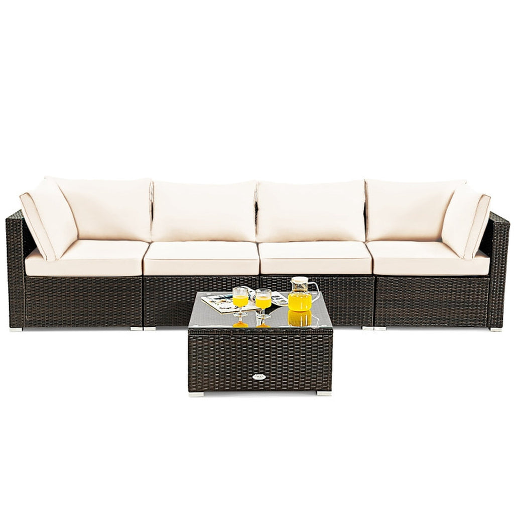 Biotree 5 Pieces Cushioned Patio Rattan Furniture Set with Glass Table Outdoor Conversation Set for Garden Backyard PorchWhite