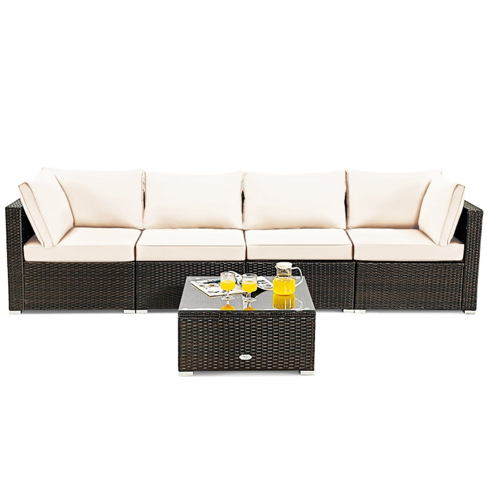 Biotree 5 Pieces Cushioned Patio Rattan Furniture Set with Glass Table Outdoor Conversation Set for Garden Backyard PorchWhite