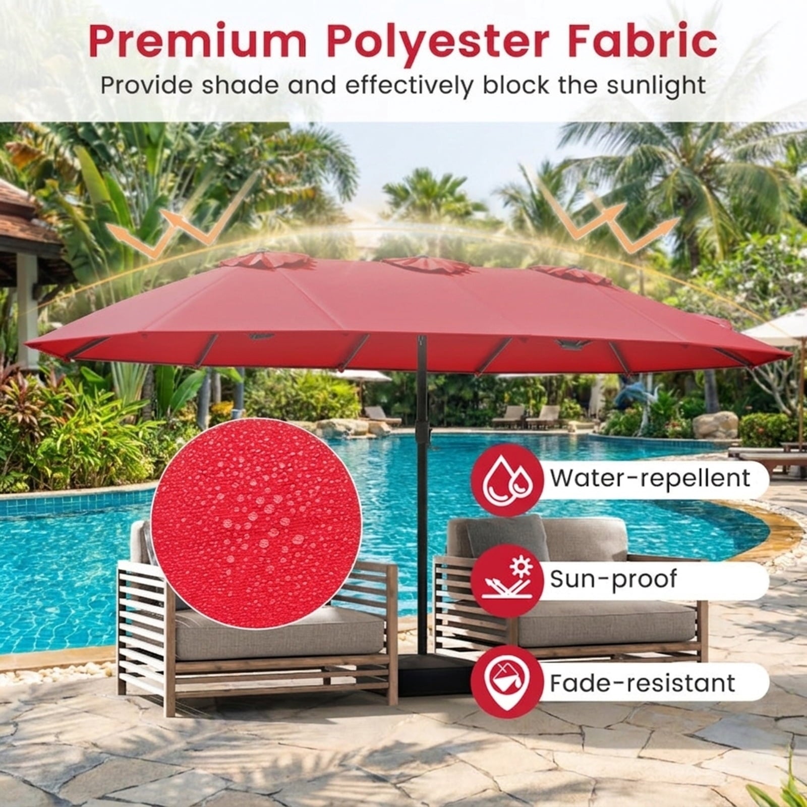 Biotree 15 ft Double-Sided Twin Patio Umbrella Crank Tilt Outdoor Shade - Red - UV Protection with Cross Base