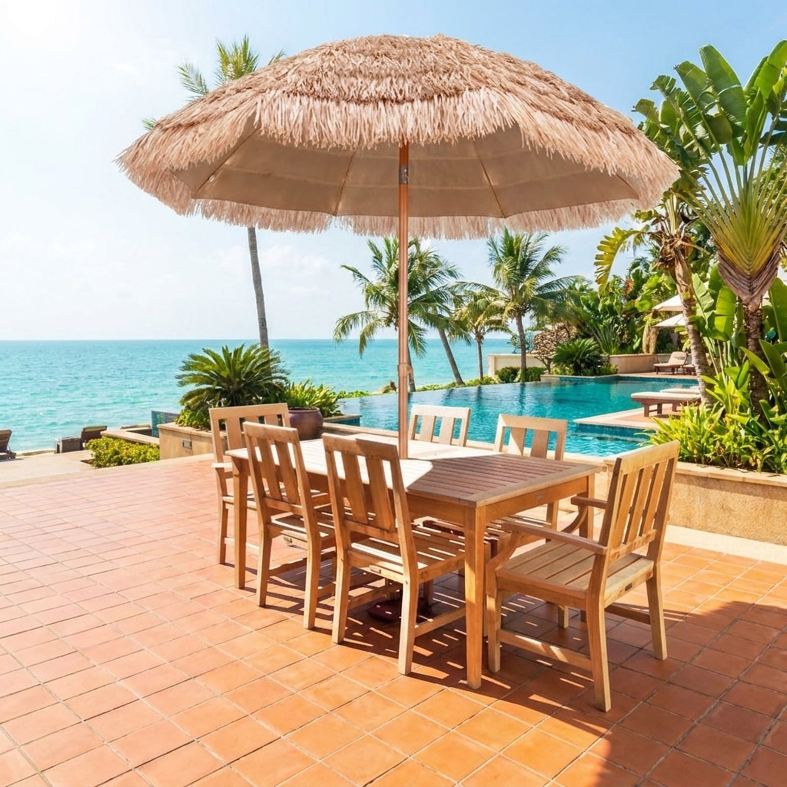 Biotree 7 ft Thatched Tiki Patio Umbrella Crank Tilt Outdoor Shade - Natural - UV Protection with Cross Base