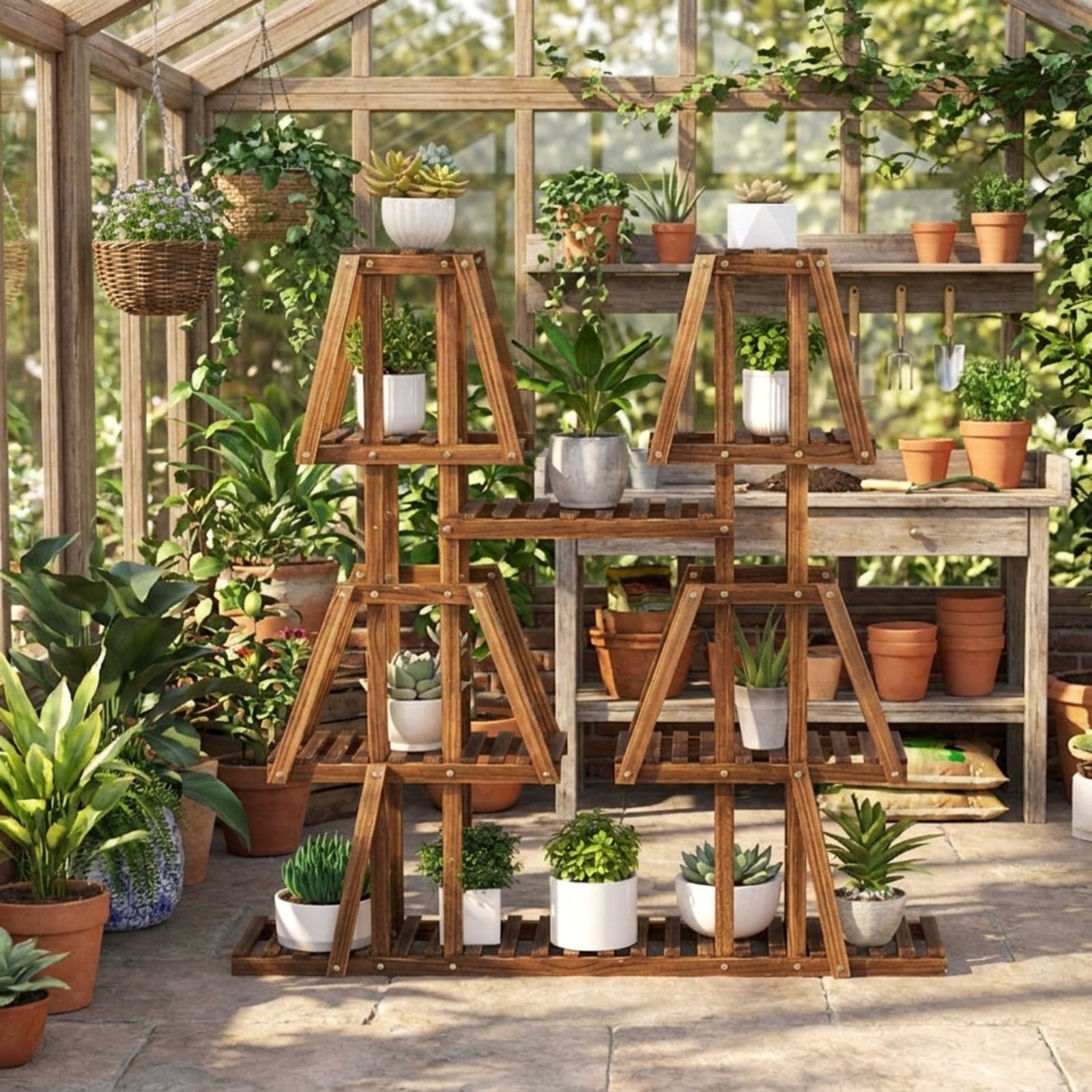 Biotree 5-Tier 10 Potted Wood Plant Stand for Multiple Plants for Indoor Outdoor Patio Balcony Garden, Brown