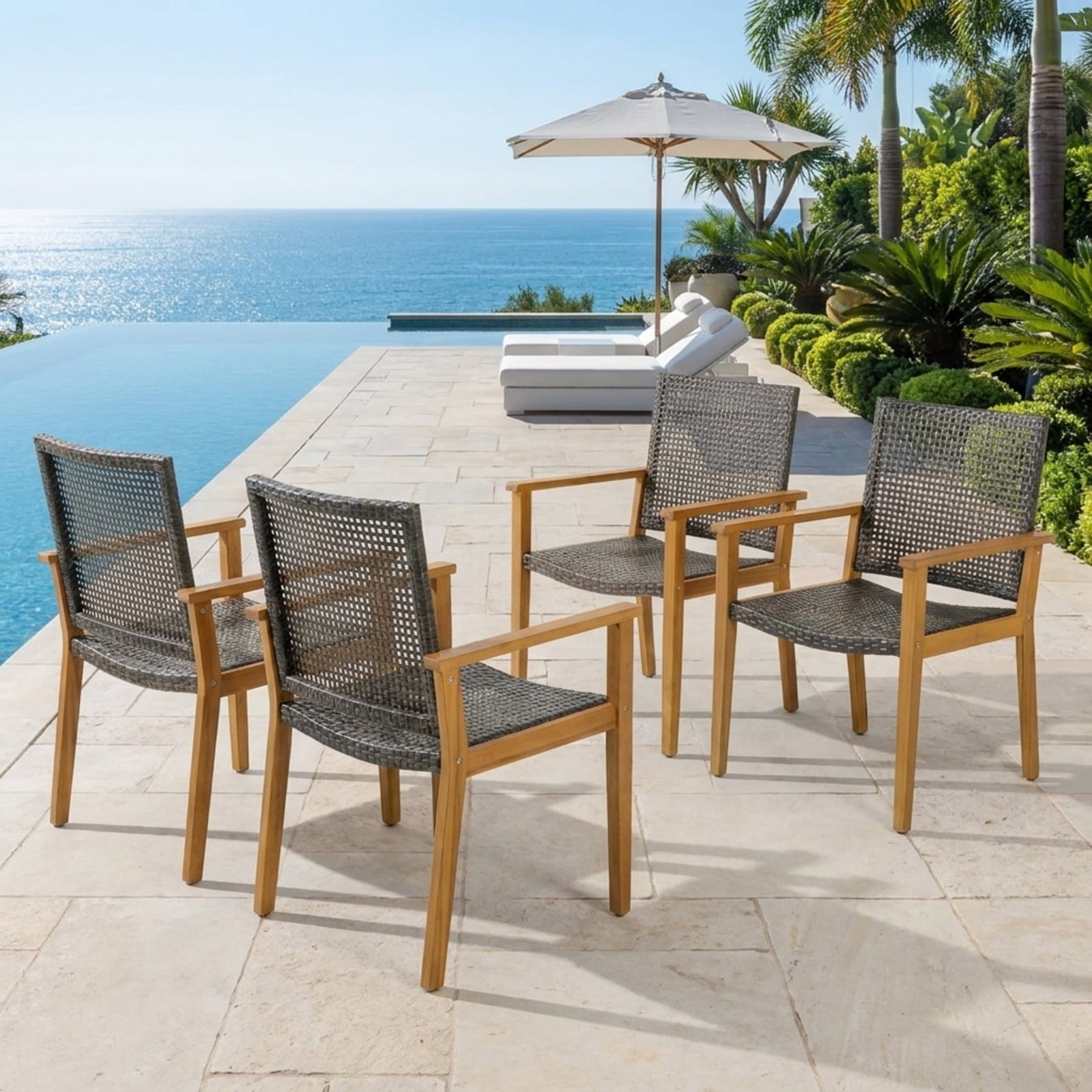Biotree Set of 4 Outdoor Rattan Chair with Sturdy Acacia Wood Frame-Set of 4 Stackable Patio Chair for Garden BackyardMix Brown