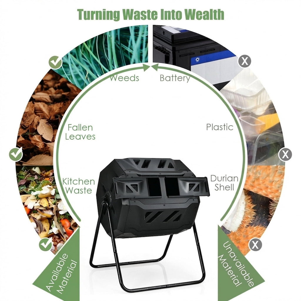 Biotree 43 Gallon Composting Tumbler Compost Bin with Dual Rotating Chamber Outdoor Garden Organic Yard