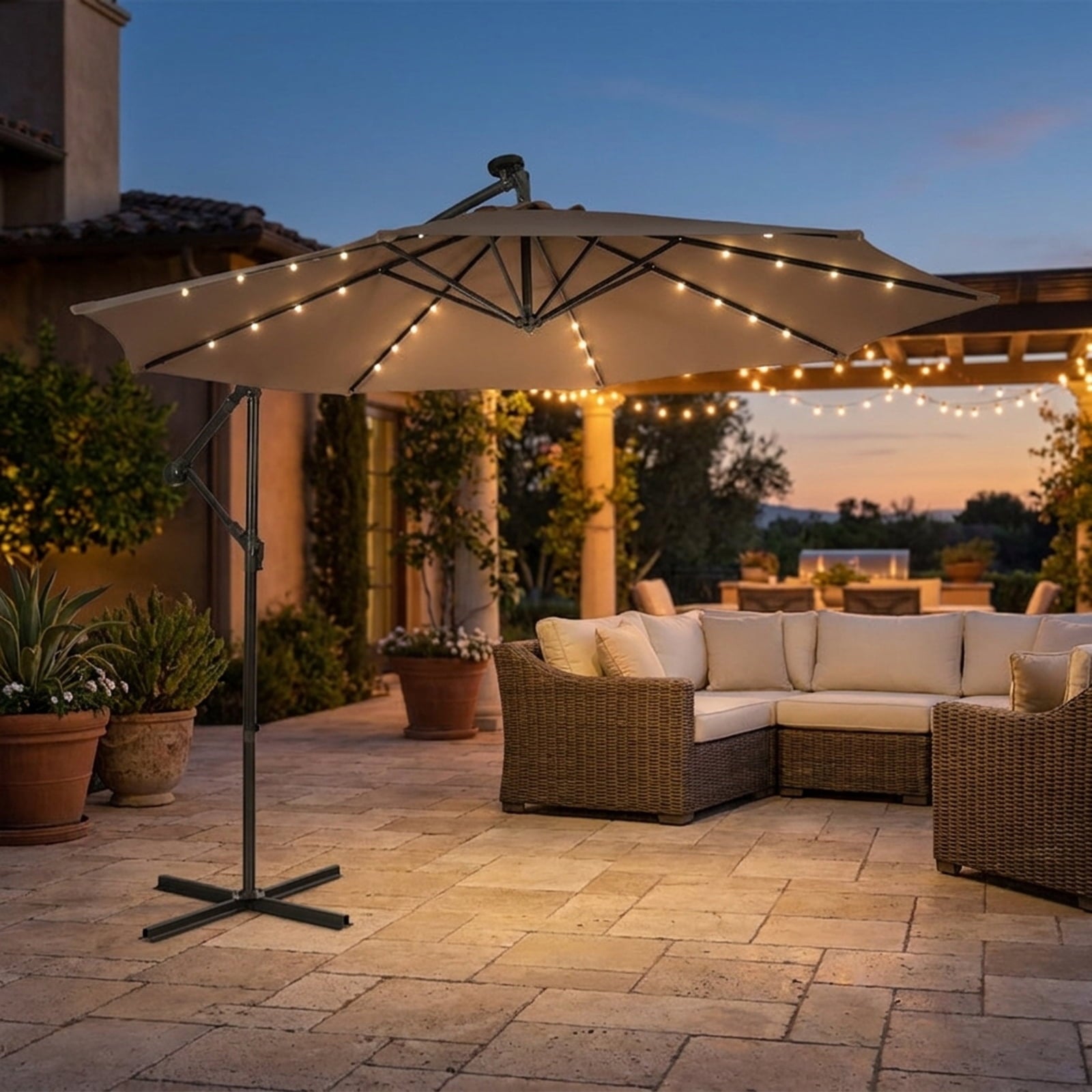 Biotree 10 ft Cantilever Offset Patio Umbrella Solar Powered Outdoor Shade - Brown - UV Protection with Cross Base